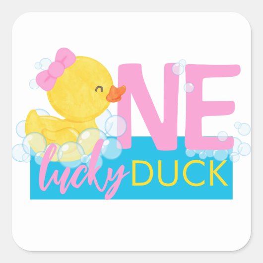 Meisje White One Lucky Duck 1st Verjaardagsfeest Vierkante Sticker (Voorkant)