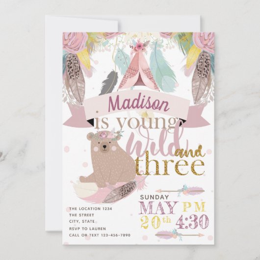 Meisje Wild Boho Derde Verjaardag Kaart (Voorkant)