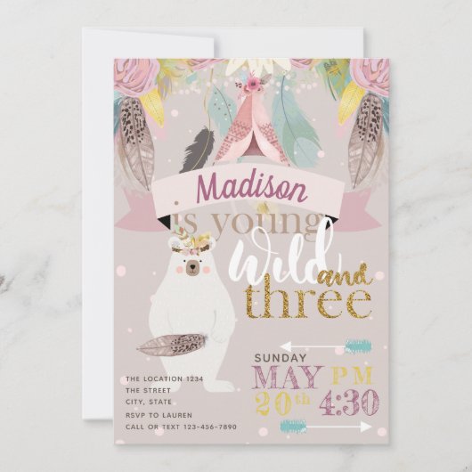 Meisje Wild Boho Derde Verjaardag Kaart (Voorkant)