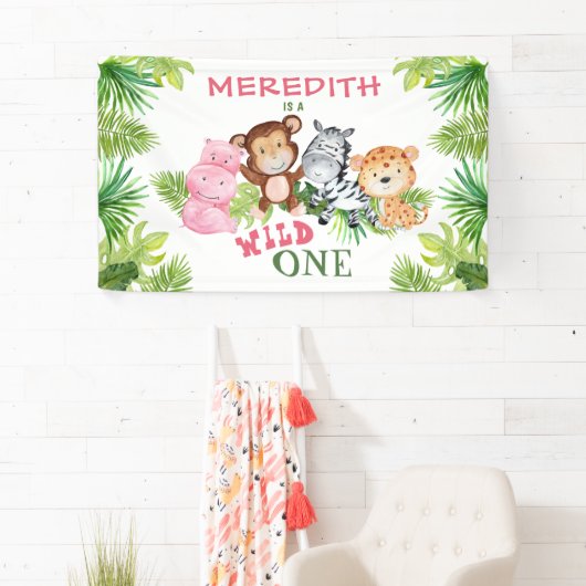 Meisje Wild Een Oerwoud Safari 1e Verjaardag Spandoek (Insitu)