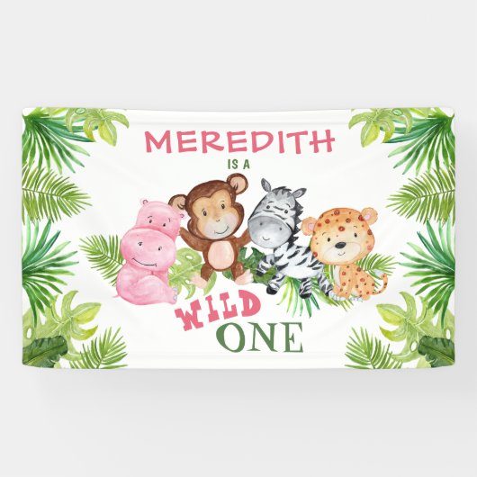 Meisje Wild Een Oerwoud Safari 1e Verjaardag Spandoek (Horizontaal)