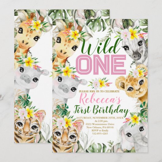 Meisje Wild Een Verjaardag Oerwoud Dieren 1e Verja Kaart (Voorkant / Achterkant)