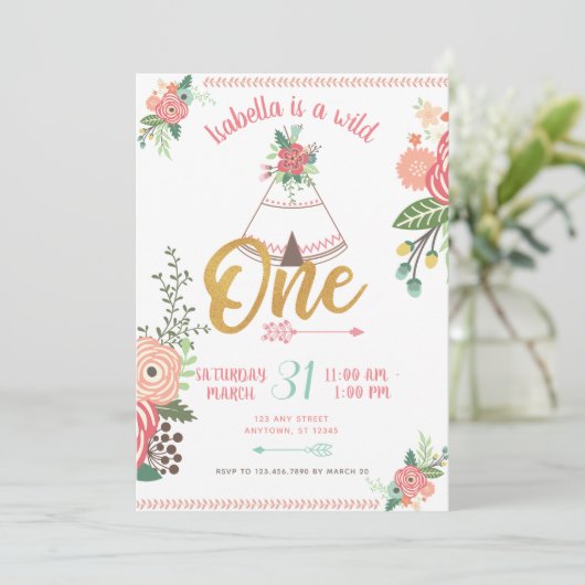 Meisje Wild One Boho Tribal Eerste Verjaardag Uitn Kaart (Staand voorkant)