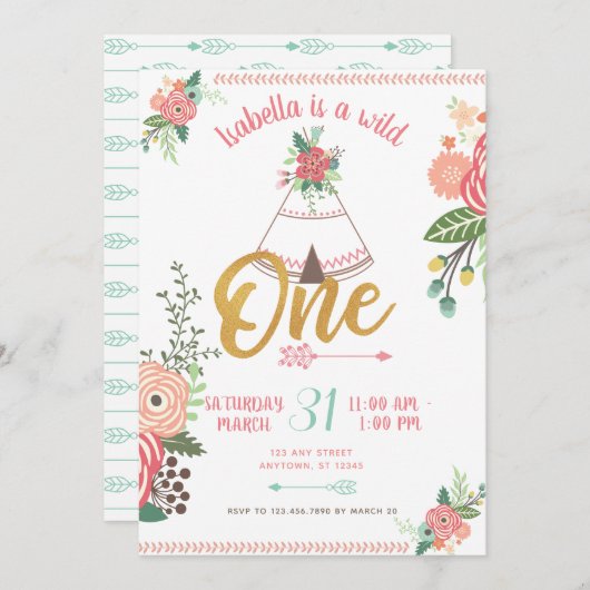 Meisje Wild One Boho Tribal Eerste Verjaardag Uitn Kaart (Voorkant / Achterkant)