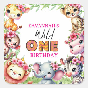 Meisje Wild One Jungle Safari Verjaardag  Vierkante Sticker