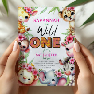 Meisje Wilde Eén Jungle Safari Verjaardagsuitnodig Kaart