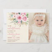 Meisje Wildflower 1e Verjaardag Party Foto Kaart (Voorkant)