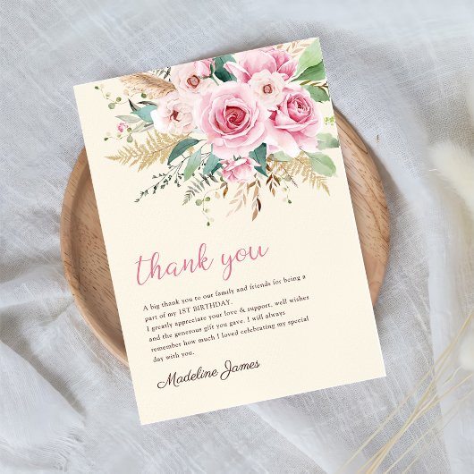 Meisje Wildflower 1e verjaardagsfeestje Bedankkaart