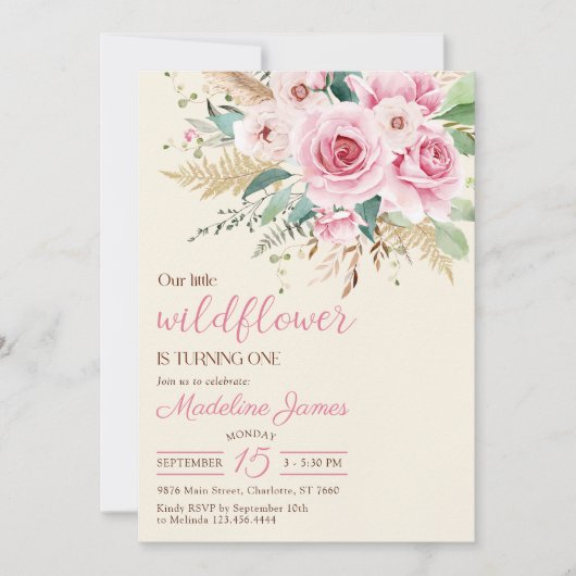 Meisje Wildflower 1e verjaardagsfeestje Kaart (Voorkant)
