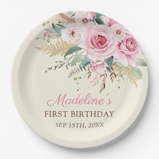 Meisje Wildflower 1e verjaardagsfeestje Papieren Bordje (Voorkant)