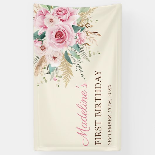 Meisje Wildflower 1e verjaardagsfeestje Spandoek (Verticaal)