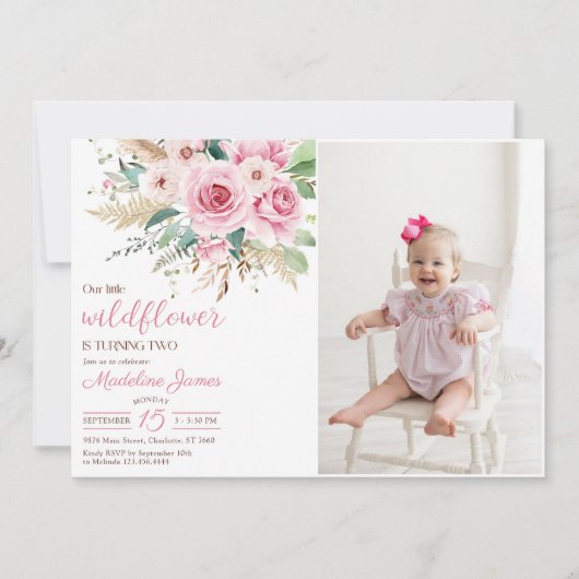 Meisje Wildflower 2e verjaardag Party Foto Kaart (Voorkant)