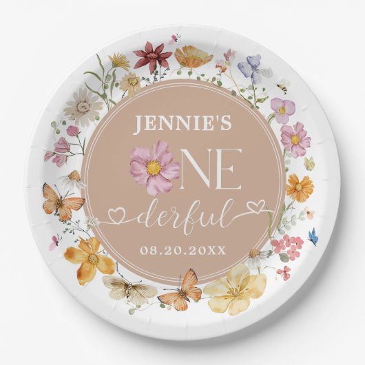 Meisje Wildflower Onederful 1e Verjaardagsfeest Papieren Bordje (Voorkant)
