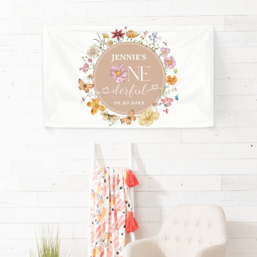 Meisje Wildflower Onederful 1e Verjaardagsfeest Spandoek (Insitu)