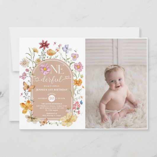 Meisje Wildflower Onederful 1st Verjaardag Party F Kaart (Voorkant)