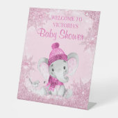 Meisje Winter Olifant Baby shower Welkomsttafel Reclamebord Met Voetstuk (Voorkant)
