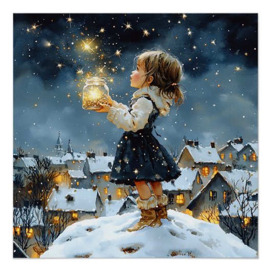 Meisje Winter Sterren Snowy Night Perfect Poster (Voorkant)