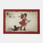  meisje-witje op Broom Halloween Deurmat (Voorkant)