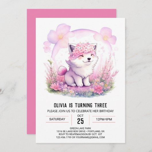 Meisje Wolf Avontuur Verjaardag Uitnodiging (Voorkant / Achterkant)