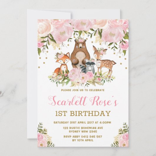 Meisje Woodland 1e Verjaardag Roze Goud Bloemenfee Kaart (Voorkant)