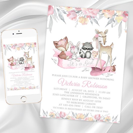 Meisje Woodland Animals Baby shower Kaart