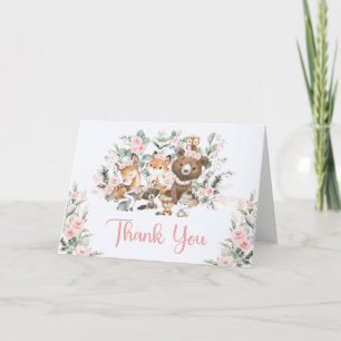 Meisje Woodland Baby Shower: Roze Bosdieren Bedankkaart
