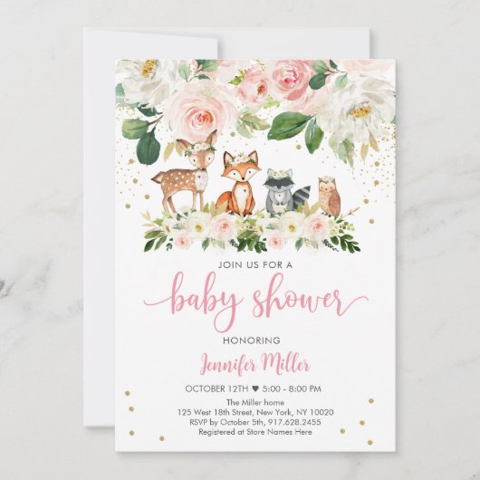 Meisje Woodland Blush Bloemen baby shower Kaart (Voorkant)