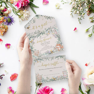 Meisje Woodland Dieren Waterverf Boho Baby shower All In One Uitnodiging