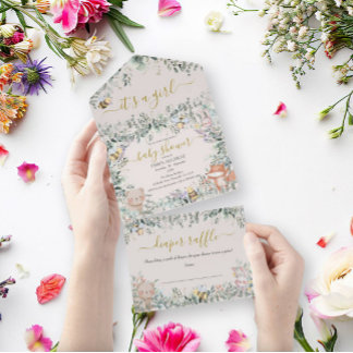 Meisje Woodland Dieren Waterverf Boho Baby shower All In One Uitnodiging