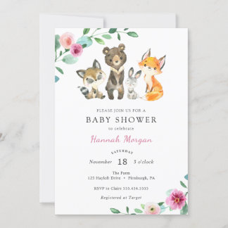 Meisje Woodland Forest Dier Baby shower Uitnodigin Kaart