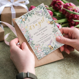 Meisje Woodland Leuke Dieren Baby shower Uitnodigi Kaart