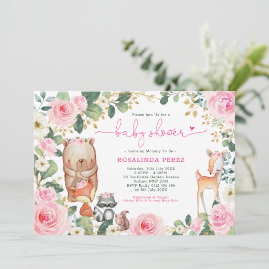 Meisje Woodland Roze Bloemen Rozen Bos Baby shower Kaart (Staand voorkant)