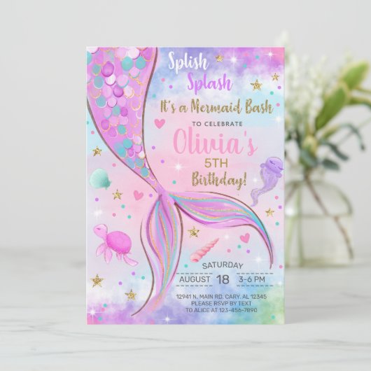 Meisje zeemeermin waterverf en gouden verjaardagsu kaart (Staand voorkant)