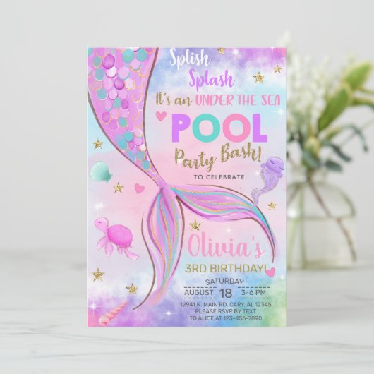 Meisje zeemeermin waterverf en gouden verjaardagsu kaart (Staand voorkant)