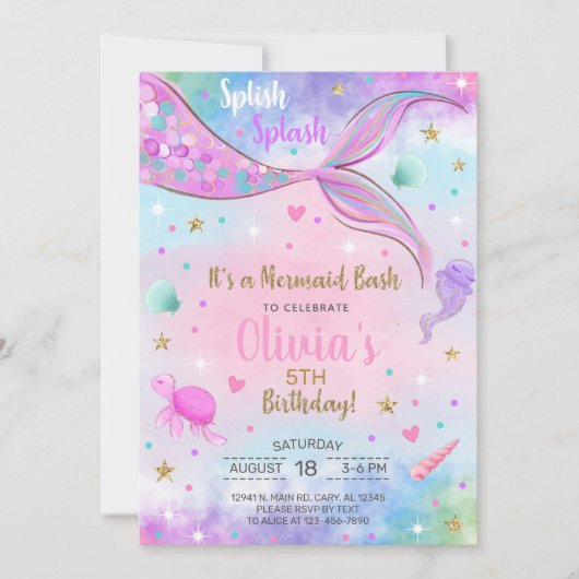 Meisje zeemeermin waterverf en gouden verjaardagsu kaart (Voorkant)