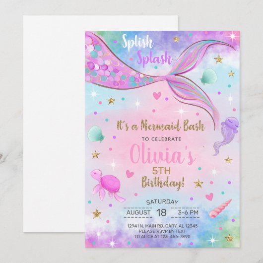 Meisje zeemeermin waterverf en gouden verjaardagsu kaart (Voorkant / Achterkant)