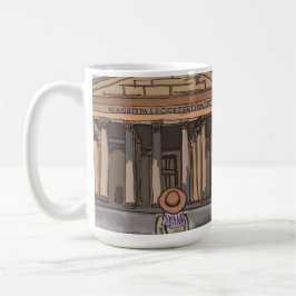 Meisje zit voor het Pantheon in Rome. Koffiemok