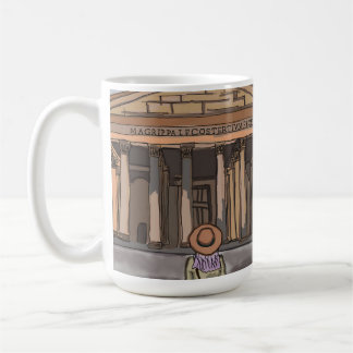Meisje zit voor het Pantheon in Rome. Koffiemok