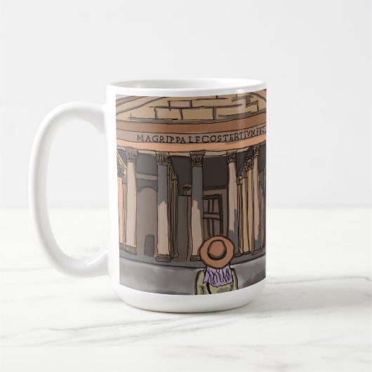 Meisje zit voor het Pantheon in Rome. Koffiemok (Links)