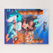 Meisje zittend aan het strand puzzel (Horizontaal)