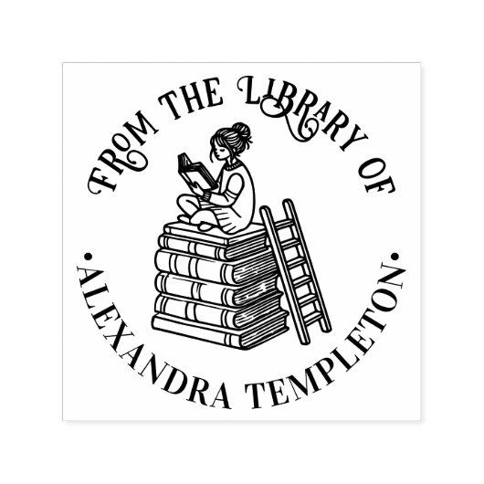 Meisje zittend op boeken lezend #3 Bibliotheek boe Zelfinktende Stempel (Design)