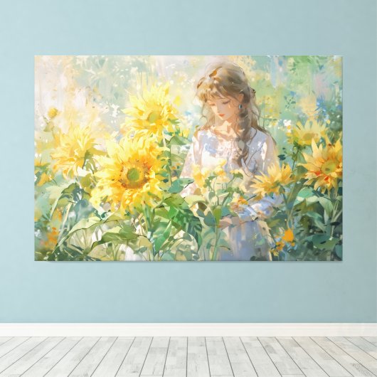 *~* Meisje Zon Bloemen TV2 Uitgerekte Canvas Print (Insitu (Houten vloer))