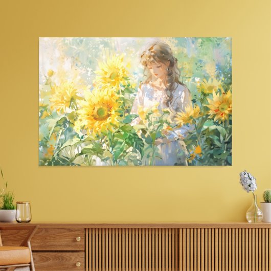 *~* Meisje Zon Bloemen TV2 Uitgerekte Canvas Print (Insitu (Woonkamer))