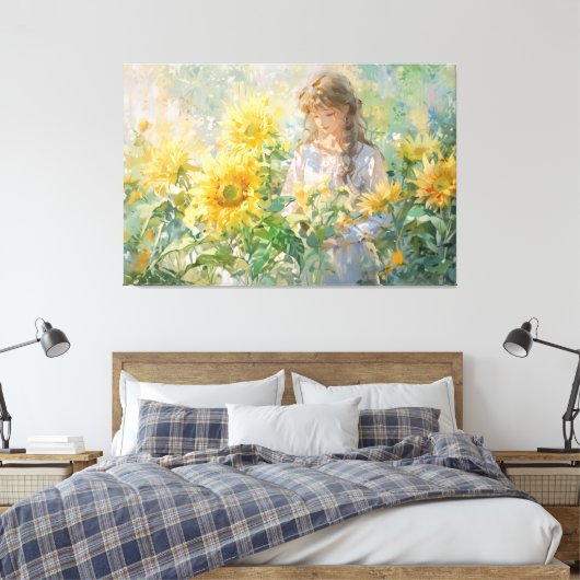 *~* Meisje Zon Bloemen TV2 Uitgerekte Canvas Print (Insitu (Slaapkamer))