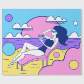 meisje zonnebaden op het strand met een cocktail i cadeaupapier (Vlak)