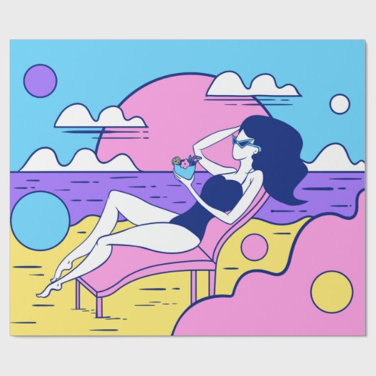 meisje zonnebaden op het strand met een cocktail i cadeaupapier (Vlak)