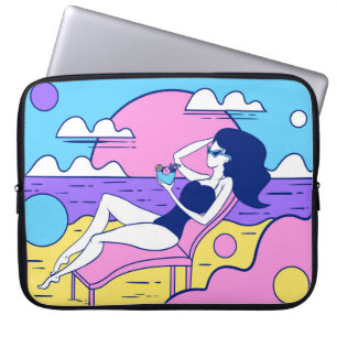 meisje zonnebaden op het strand met een cocktail i laptop sleeve