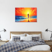 Meisje zonsondergang strand lopen oceaan golven de canvas afdruk (Insitu (Slaapkamer))