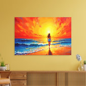 Meisje zonsondergang strand lopen oceaan golven de canvas afdruk (Insitu (Woonkamer))
