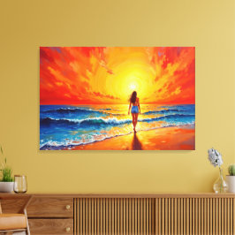 Meisje zonsondergang strand lopen oceaan golven de canvas afdruk